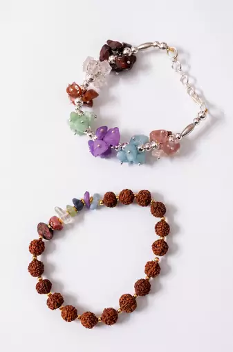 set of 2 rudraksh & seven chakra chip bracelet rakhi with roli chawal chandan mishri
