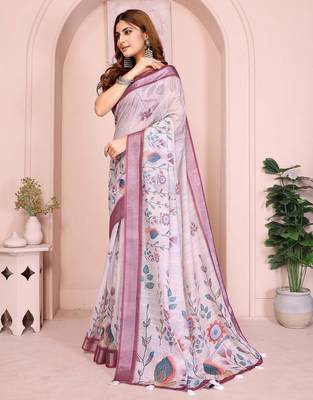 Wine linen cotton floral printed casual saree with matching blouse piece 2