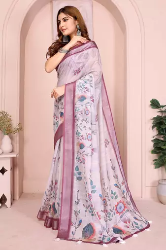 Wine linen cotton floral printed casual saree with matching blouse piece