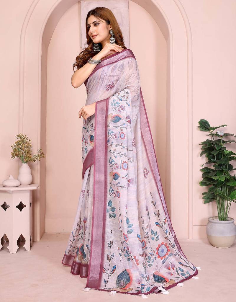 Wine linen cotton floral printed casual saree with matching blouse piece