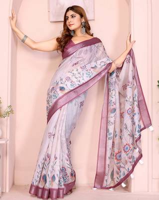 Wine linen cotton floral printed casual saree with matching blouse piece 3