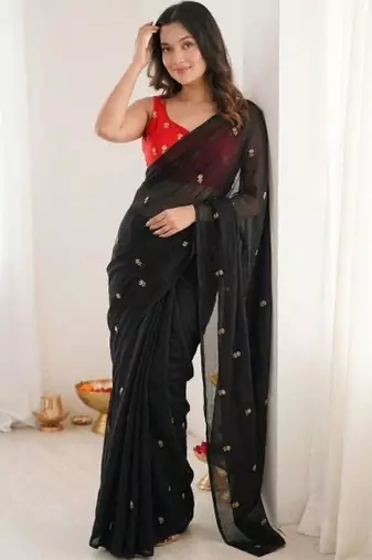 Black art silk embroidered saree with sequins work