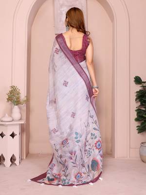 Wine linen cotton floral printed casual saree with matching blouse piece 4