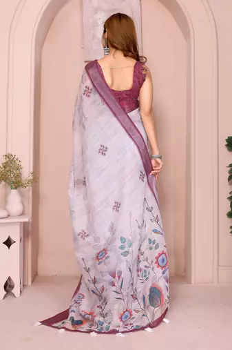 Wine linen cotton floral printed casual saree with matching blouse piece
