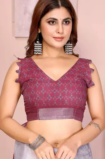 Wine linen cotton floral printed casual saree with matching blouse piece