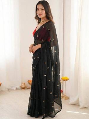 Black art silk embroidered saree with sequins work 2