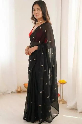 Black art silk embroidered saree with sequins work
