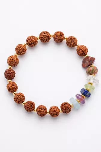 set of 2 rudraksh & seven chakra chip bracelet rakhi with roli chawal chandan mishri