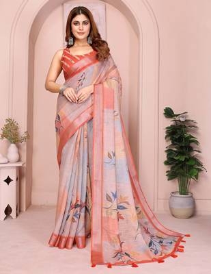 Orange linen cotton floral printed casual saree with matching blouse piece 1