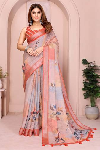 Orange linen cotton floral printed casual saree with matching blouse piece