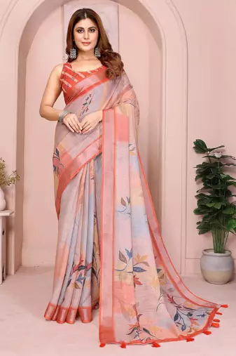 Orange linen cotton floral printed casual saree with matching blouse piece