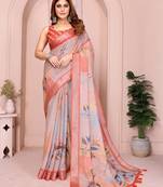 Orange linen cotton floral printed casual saree with matching blouse piece