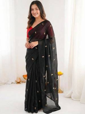 Black art silk embroidered saree with sequins work 3