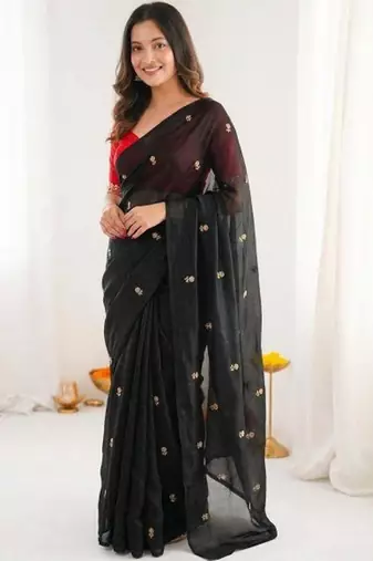 Black art silk embroidered saree with sequins work