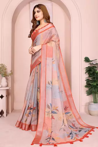 Orange linen cotton floral printed casual saree with matching blouse piece