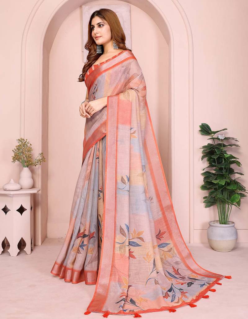 Orange linen cotton floral printed casual saree with matching blouse piece