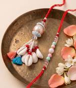 set of 2 multicolor artificial beads & sea shell bhaiya bhabhi rakhi with roli chawal