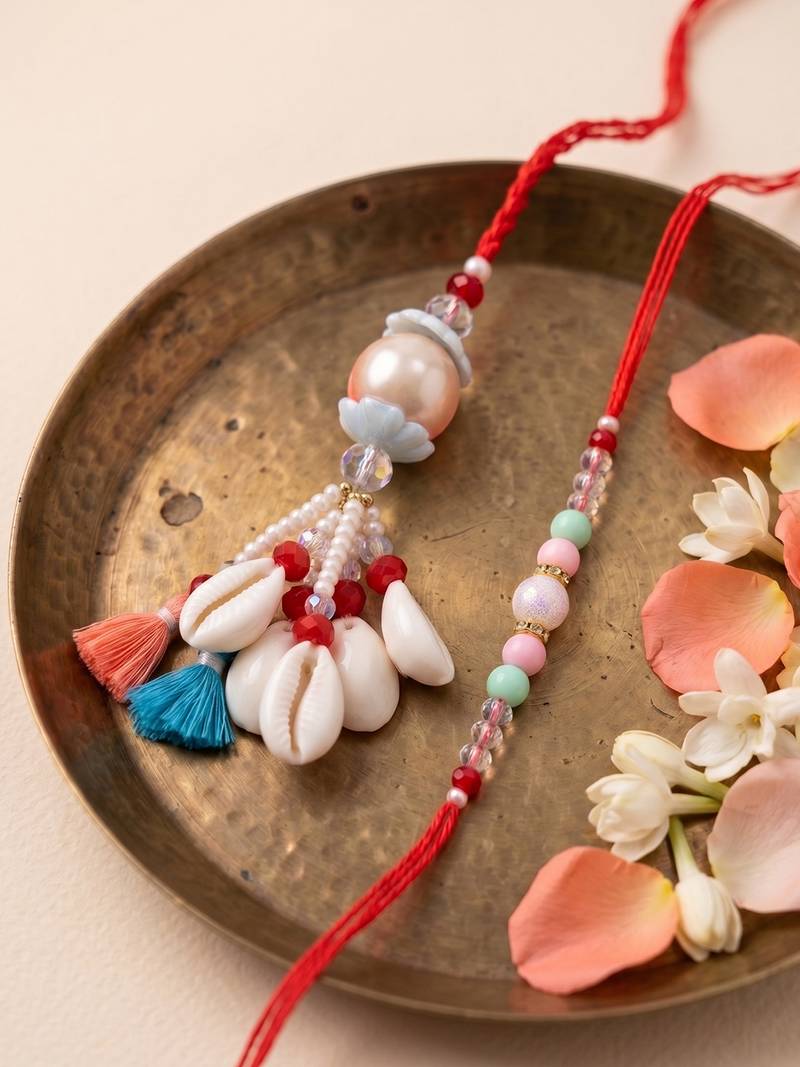 set of 2 multicolor artificial beads & sea shell bhaiya bhabhi rakhi with roli chawal