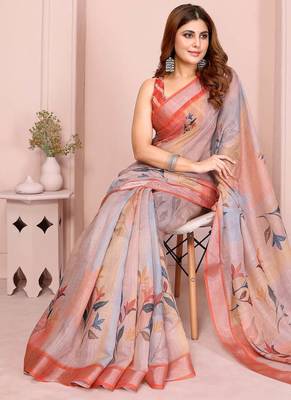 Orange linen cotton floral printed casual saree with matching blouse piece 3