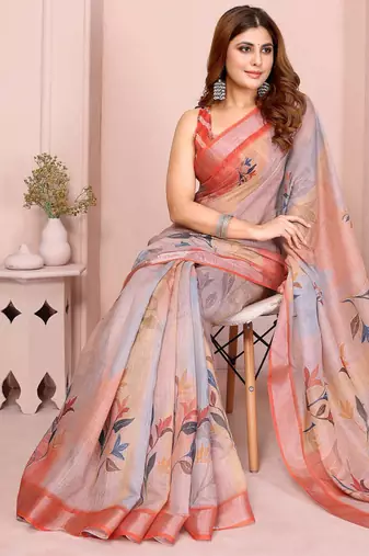 Orange linen cotton floral printed casual saree with matching blouse piece