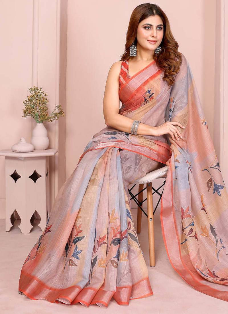 Orange linen cotton floral printed casual saree with matching blouse piece
