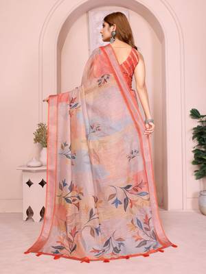 Orange linen cotton floral printed casual saree with matching blouse piece 4