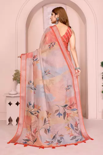 Orange linen cotton floral printed casual saree with matching blouse piece