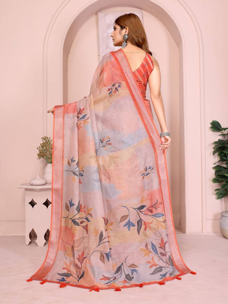 Orange linen cotton floral printed casual saree with matching blouse piece