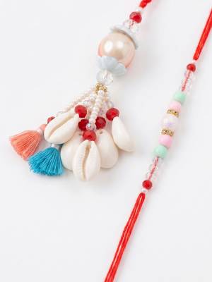 set of 2 multicolor artificial beads & sea shell bhaiya bhabhi rakhi with roli chawal 2