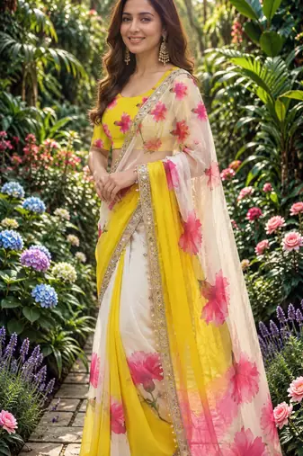 multicolor georgette printed saree with floral print