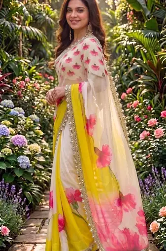 multicolor georgette printed saree with floral print