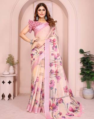 Pink linen cotton floral printed casual saree with matching blouse piece 1