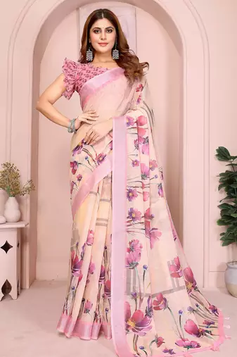 Pink linen cotton floral printed casual saree with matching blouse piece