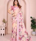 Pink linen cotton floral printed casual saree with matching blouse piece