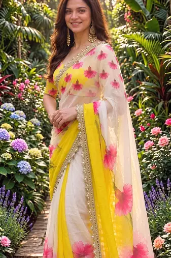 multicolor georgette printed saree with floral print