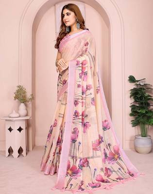 Pink linen cotton floral printed casual saree with matching blouse piece 2