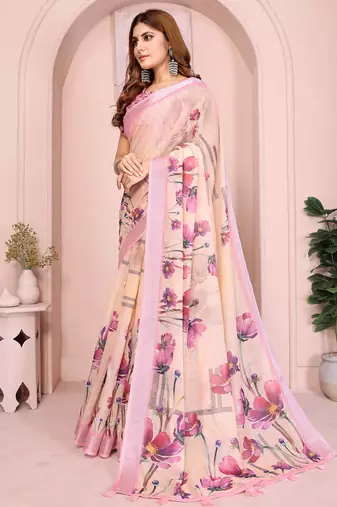 Pink linen cotton floral printed casual saree with matching blouse piece