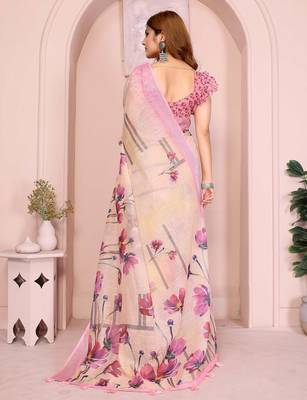 Pink linen cotton floral printed casual saree with matching blouse piece 3