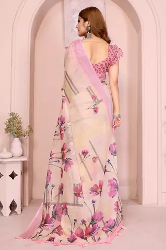 Pink linen cotton floral printed casual saree with matching blouse piece