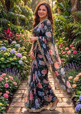 multicolor georgette printed saree with floral print 1