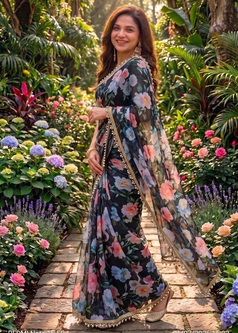multicolor georgette printed saree with floral print