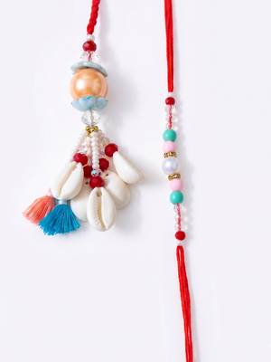 set of 2 multicolor artificial beads & sea shell bhaiya bhabhi rakhi with roli chawal 4
