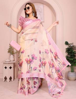 Pink linen cotton floral printed casual saree with matching blouse piece 4