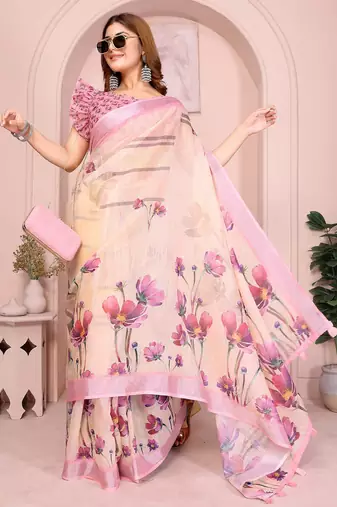 Pink linen cotton floral printed casual saree with matching blouse piece