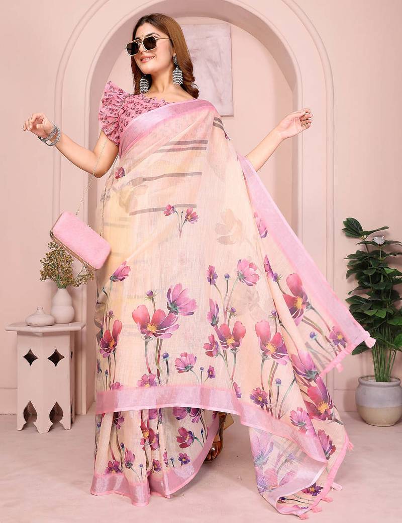 Pink linen cotton floral printed casual saree with matching blouse piece