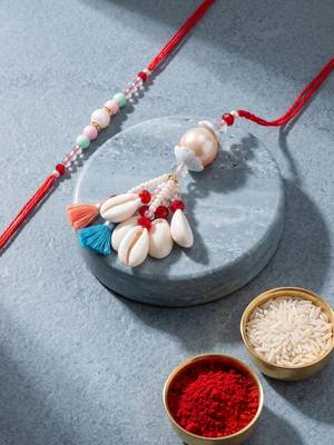 set of 2 multicolor artificial beads & sea shell bhaiya bhabhi rakhi with roli chawal 5