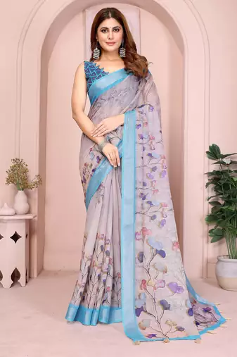 Blue linen cotton floral printed casual saree with matching blouse piece