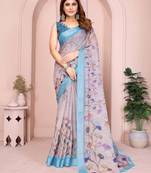 Blue linen cotton floral printed casual saree with matching blouse piece