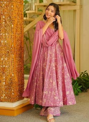Floral printed muslin square neck pink anarkali set 1