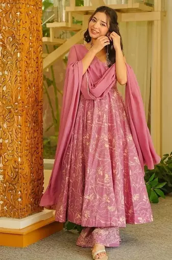 Floral printed muslin square neck pink anarkali set